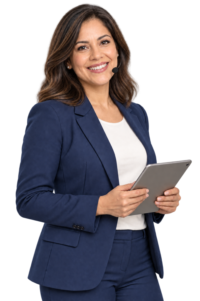 Presentadora con tablet y micrófono para eventos online e híbridos